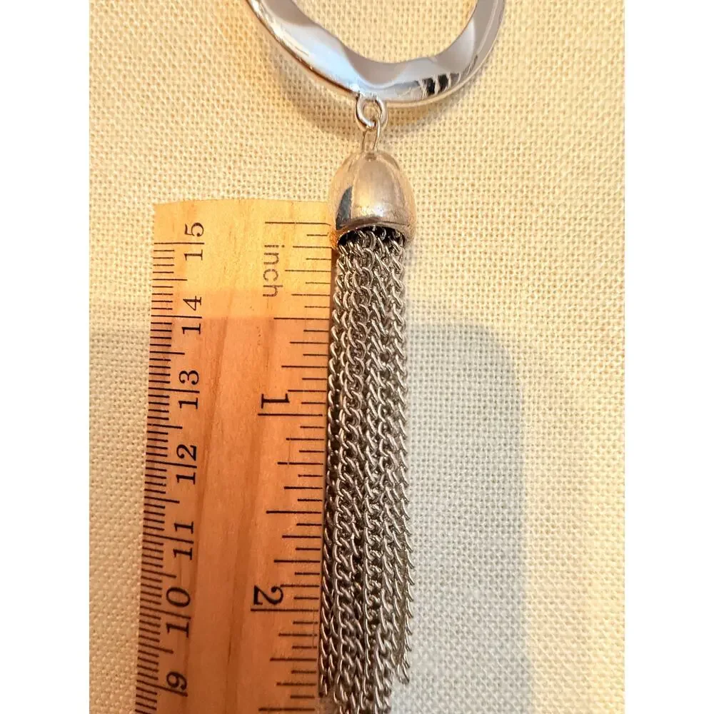 Vintage ring Tassel Pendant Necklace 32” Silver Tone